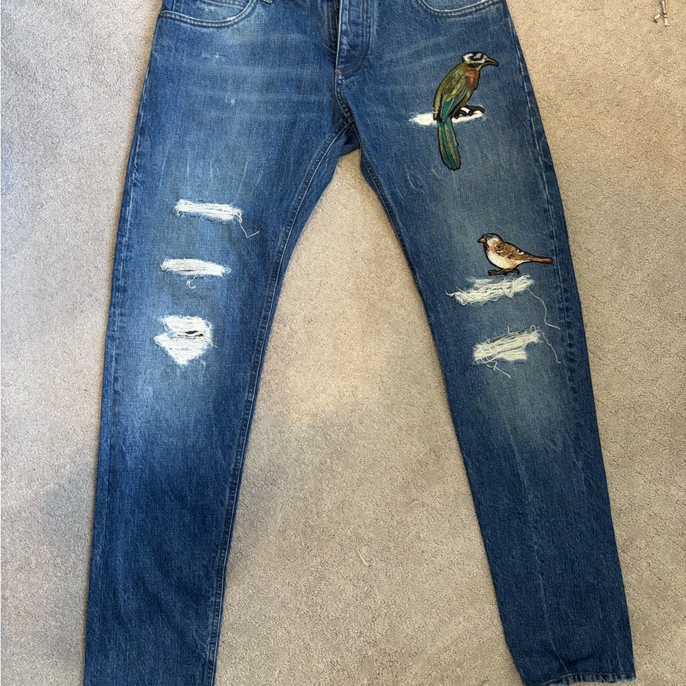 Dolce & Gabbana Embroidered Bird Patch Distressed Jeans